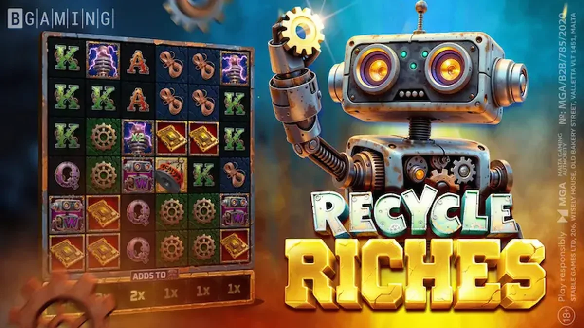 Pemandangan futuristik scrapyard dalam slot Recycle Riches dengan robot dan elemen listrik